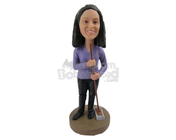 Custom Bobblehead Housewife Wearing A Long-Sleeved Top Cleaning With A Broom In Hand - Careers & Professionals Casual Females Personalized Bobblehead & Cake Topper Custom Bobblehead Housewife Wearing A Long-Sleeved Top Cleaning With A Broom In Hand - Careers & Professionals Casual Females Personalized Bobblehead & Cake Topper